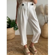 Women Brief Style Solid Color Button Design Elastic Waistband Casual Pants