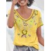 Women Ethnic Print Scoop Neck Short Sleeve Bohemian T  Shirts