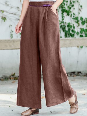 Women Contrast Frog Button Design Elastic Waist Casual Wide Leg Pants With Pocket