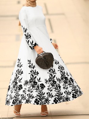 Flower Print Long Sleeve O  neck Maxi Dress