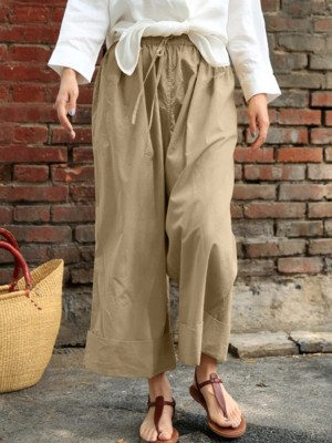 Women Casual Drawstring Waist Solid Holiday Vintage Wide Leg Pants With Pockets