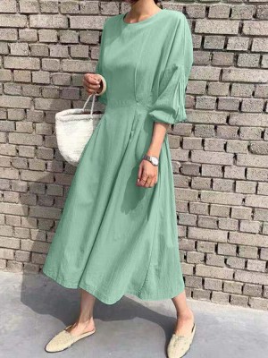 Solid Back Tie Crew Neck Lantern Long Sleeve Casual Dress