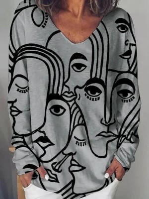 Women Art Abstract Character Print Loose Long Sleeve Casual T  Shirt