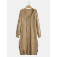 Women Long Sleeve V  neck Solid Sweater Dress