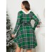 Plus Size V  neck Fur Stitching Plaid Patchwork Dress