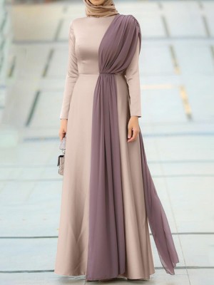 Solid Color Long Sleeve O  neck Mesh Patchwork Maxi Dress