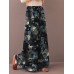 Women Color Printing Casual Drawstring Wide Leg Pants With Pocket