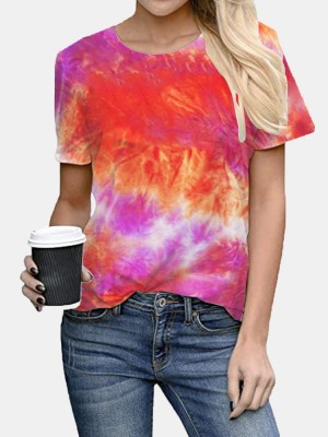 Tie  dye Print Round Neck Short Sleeve Loose Casual T  shirts Women