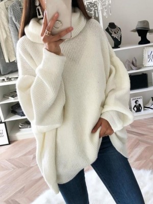 Women Long Sleeve High Collar Solid Sweaters