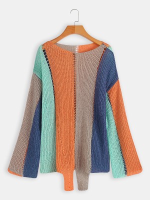 Long Sleeve Crew Neck Striped Hollow Sweaters