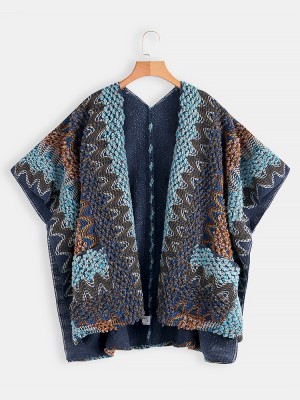 Women Printed Cardigan Shawl V  neck Batwing Sleeve Sweaters with Pocket