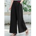 Women Contrast Frog Button Design Elastic Waist Casual Wide Leg Pants With Pocket