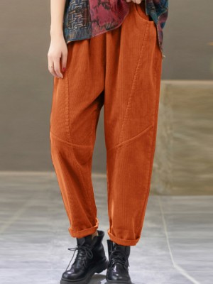 Women Corduroy Elastic Waist Side Pockets Solid Color Ankle Length Casual Pants