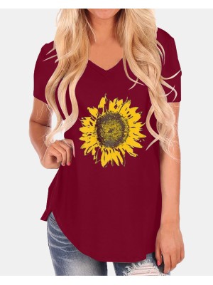 Sunflowers Print V  neck Short Sleeves Casual Loose Irregular Hem T  shirts