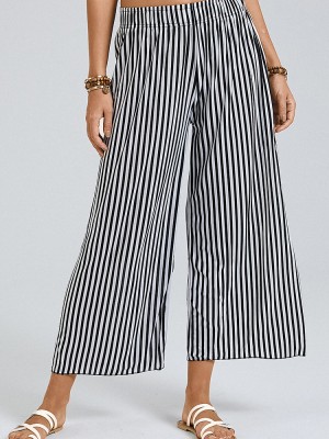 Striped Print Elastic Waist Wide Leg Lounge Pants For Women