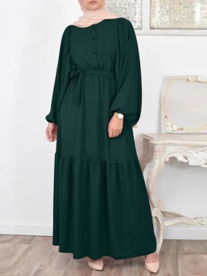 Solid Color Puff Sleeve O  neck Maxi Dress With Belt
